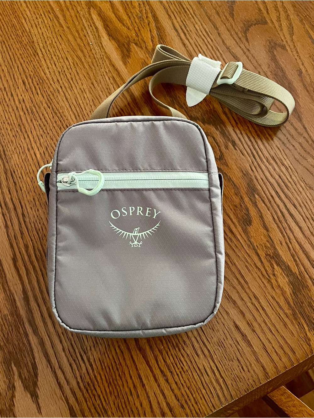 OSPREY Gray Crossbody with Mint Zipper and Tan Strap